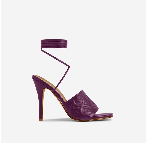 Lace up printed detail strap square toe 4.5” heels - Picture 1 of 13